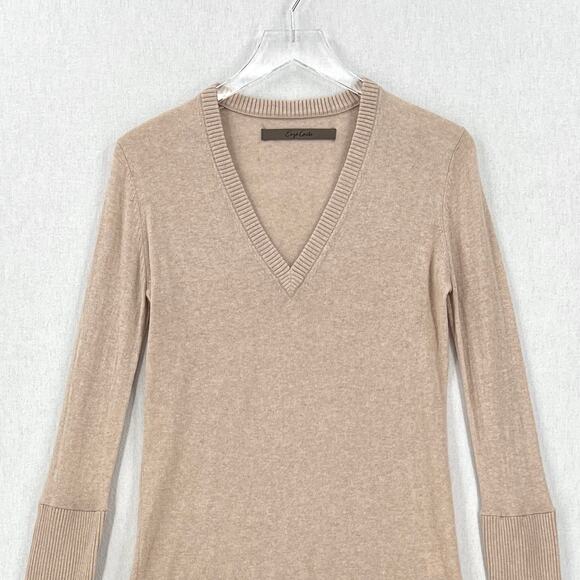 ENZA COSTA Fine Cashmere Knitted V-neck Sweater Medium Large Oatmeal Long Sleeve - Picture 6 of 15